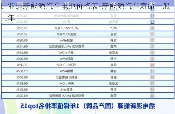 比亚迪新能源汽车电池价格表-新能源汽车寿命一般几年